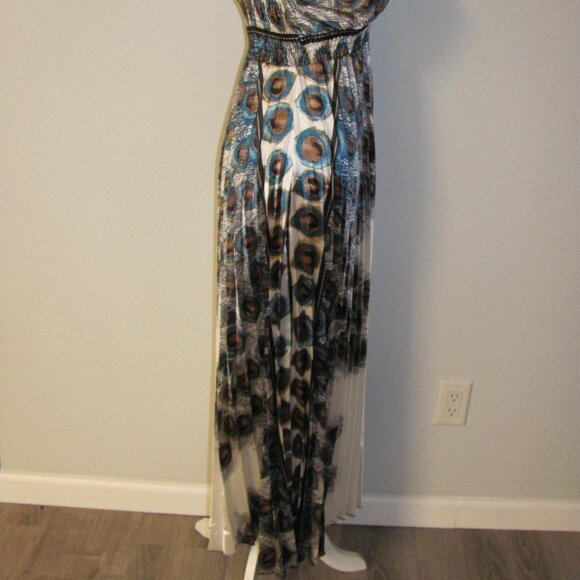 Step In Style White Satin Peacock Print Pleated Skirt Maxi Dress NWT One Size - Picture 6 of 6
